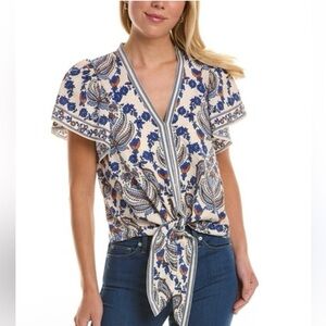 Max Studio Flutter Sleeve vNeck Waist tie Blue and Cream Paisley Blouse Large
